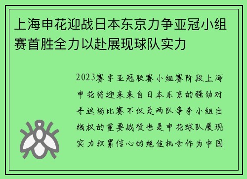 上海申花迎战日本东京力争亚冠小组赛首胜全力以赴展现球队实力