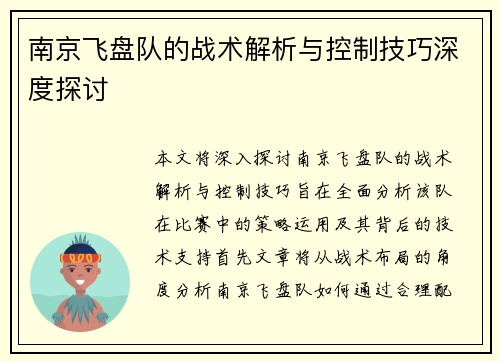 南京飞盘队的战术解析与控制技巧深度探讨