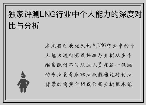独家评测LNG行业中个人能力的深度对比与分析