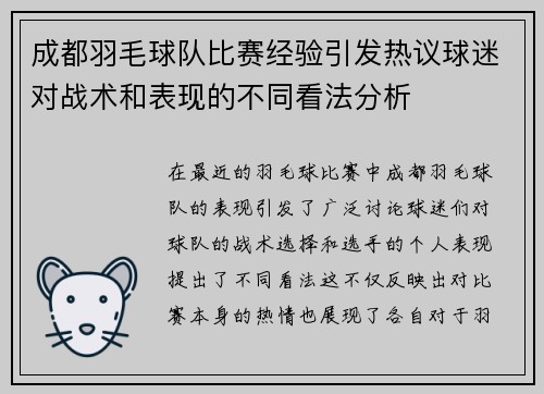 成都羽毛球队比赛经验引发热议球迷对战术和表现的不同看法分析