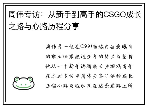 周伟专访：从新手到高手的CSGO成长之路与心路历程分享