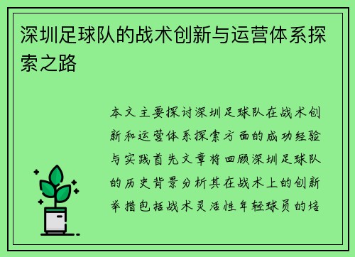 深圳足球队的战术创新与运营体系探索之路