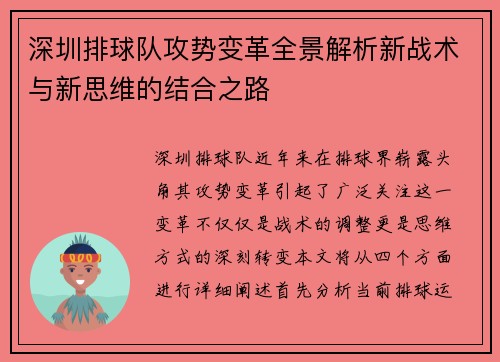 深圳排球队攻势变革全景解析新战术与新思维的结合之路