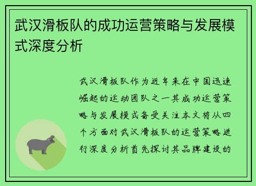 武汉滑板队的成功运营策略与发展模式深度分析