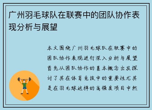 广州羽毛球队在联赛中的团队协作表现分析与展望