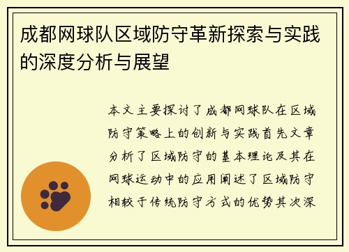 成都网球队区域防守革新探索与实践的深度分析与展望